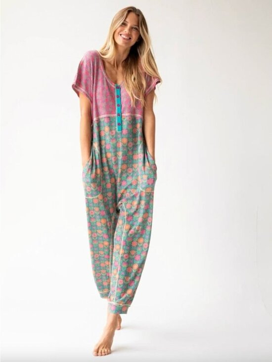 NATURAL LIFE Pants - Natural Life Mix & Match Waffle Jumpsuit M Green Floral Boho Lounge Soft Colorfu